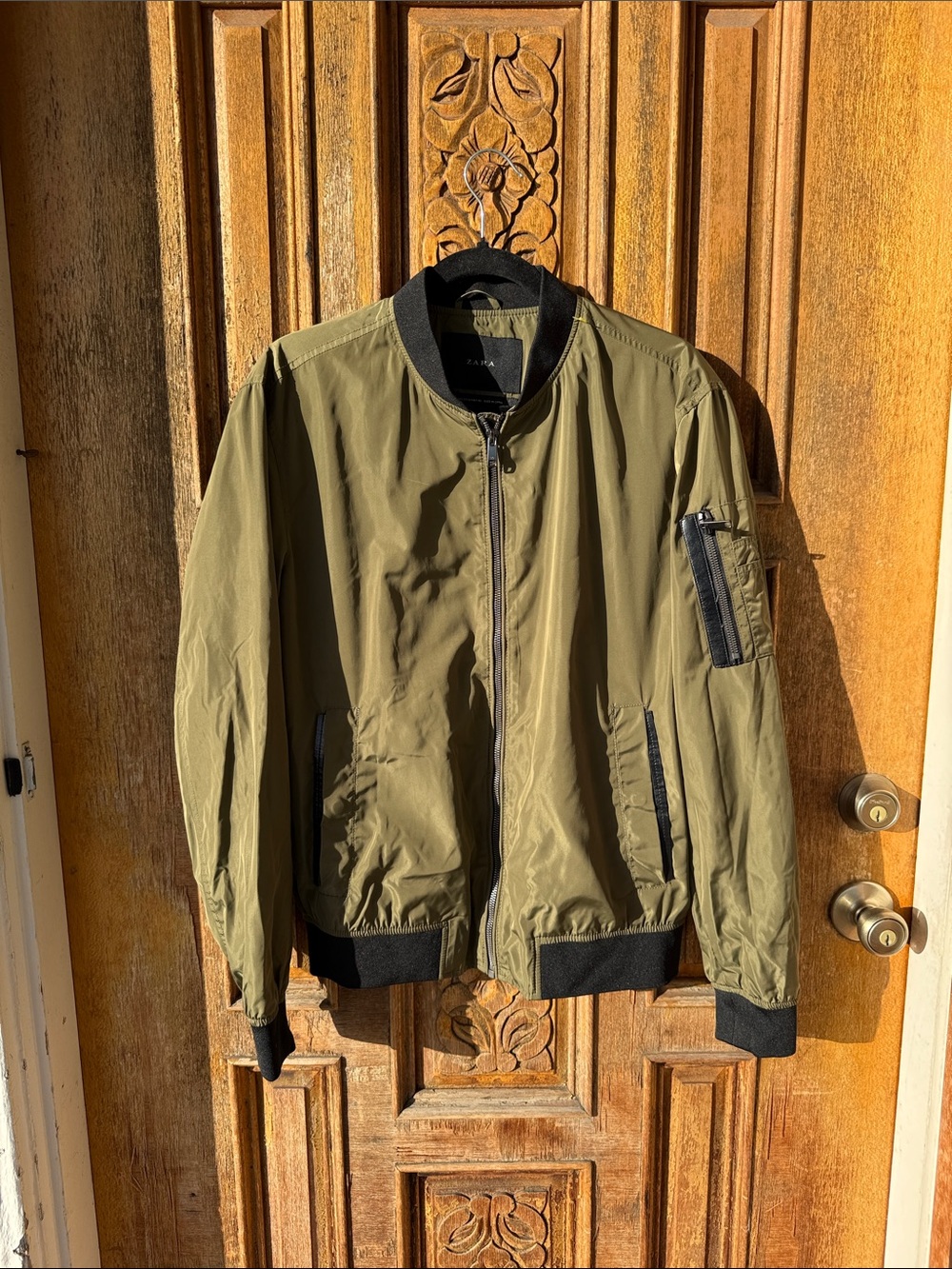 Zara Men's Olive Green Bomber Jacket with Black Trim Size Medium